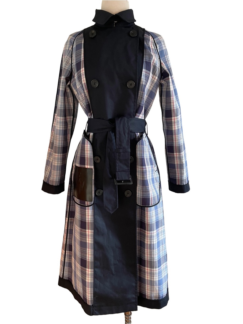 JW ANDERSON UNIQLO Reversible Trench Coat Womens Size XS Navy Blue Check Plaid